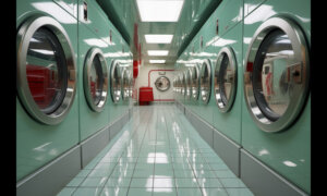Rows of washing machines at a laundromat.