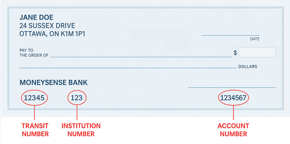 A fake cheque to show transit, institution and account numbers.