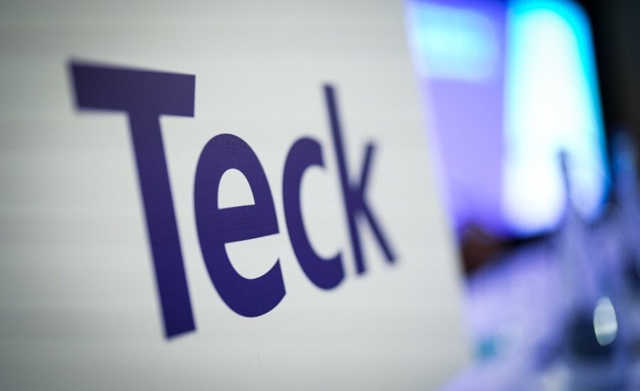 The Teck Resources logo is seen on a podium before the company's special meeting of shareholders, in Vancouver, B.C., on April 26, 2023.
