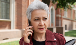 A woman looks worried as she listens to a call on her phone