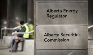Close-up of signage for Alberta Energy Regulator and Alberta Securities Commission
