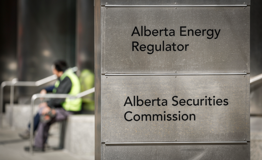 Close-up of signage for Alberta Energy Regulator and Alberta Securities Commission