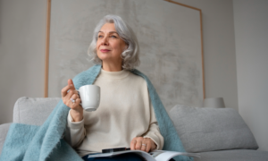 A hopeful-looking older woman on her living room sofa
