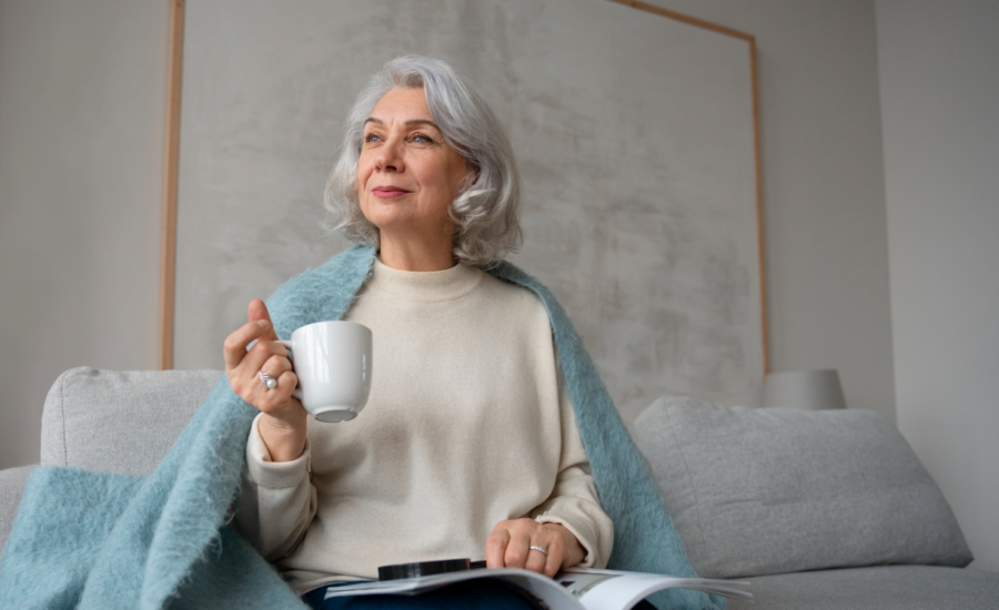 A hopeful-looking older woman on her living room sofa