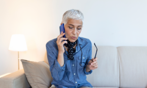 A woman listens to a scam call on her phone
